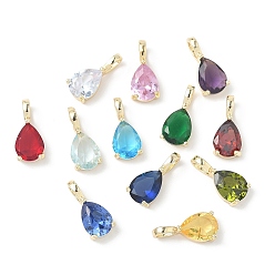 Золотой Латунные подвески с камнями по знаку зодиака., подвески в форме капли из одиночного кубического циркония, без кадмия и без свинца, золотые, 14x6x5 мм, отверстие : 2.5x4 мм