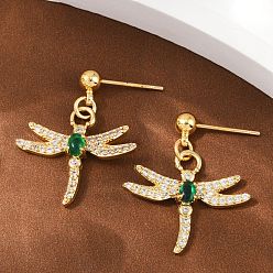 Настоящее золото 18K Серьги-гвоздики в форме стрекозы из латуни с микропаве из кубических цирконий, со стеклом, стойки покрытие, долговечный, без свинца и без кадмия, реальный 18 k позолоченный, 25.5x21 мм