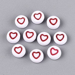 FireBrick Opaque Acrylic Beads, Craft Beads, Flat Round & Heart, FireBrick, 7x3.5~4mm, Hole: 1.5mm, about 3570pcs/500g