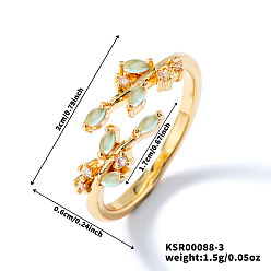 Бледно-бирюзовый Изысканные латунные кольца-манжеты в форме листьев ивы с кубическим цирконием для женщин, золотые, бледные бирюзовая, внутренний диаметр: 17 мм