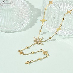 Золотой 304 Длинное ожерелье с кисточкой и подвеской в виде звезды из нержавеющей стали с микропаве и прозрачными элементами, для женщин, золотые, 15.94 дюйм (40.5 см)