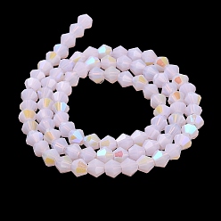 Pink Imitation Jade Electroplate Glass Beads Strands, AB Color Plated, Faceted, Bicone, Pink, 4x4mm, Hole: 0.8mm, about 87~98pcs/strand, 12.76~14.61 inch(32.4~37.1cm)