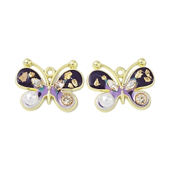 Black Rack Plating Alloy Enamel Pendants, with Resin, ABS Imitation Pearl Beads, Rhinestone and Glass Beads, Cadmium Free & Nickel Free & Lead Free, Butterfly, Black, 29x37.5x8mm, Hole: 2.5mm