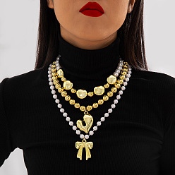 Золотой Подвеска в виде сердечка из пластика с бантиком, выполненная из сплава и пластиковых бусин с жемчугом 3 многослойные ожерелья для женщин, белые, золотые, 17.72~20.47 дюйм (45~52 см), 3 шт / комплект