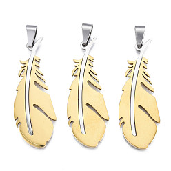 Light Gold Ion Plating(IP) 201 Stainless Steel Pendants, Laser Cut, Feather, Light Gold, 49x17.5x1mm, Hole: 4x7.5mm