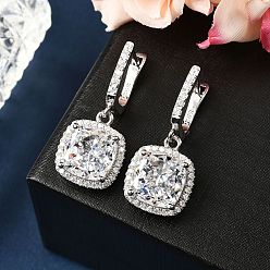 Квадрат 925 Серьги-кольца из стерлингового серебра с микропаве и кубическими циркониями, Реальная платина, квадратный, 31.5x13.5 мм