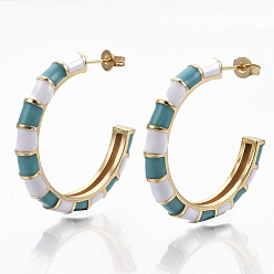Dark Turquoise Brass Stud Earrings, Half Hoop Earrings, with Two Tone Enamel and Earring Backs, Golden, Bamboo Shape, Dark Turquoise, 33~34x33.5x4.5mm, Pin: 0.7mm