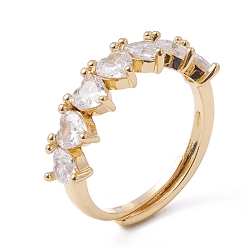 Настоящее золото 18K Регулируемое кольцо в форме сердца из прозрачного кубического циркония, стеллаж для латунных украшений для женщин, без свинца и без кадмия, реальный 18 k позолоченный, американский размер 6 1/2~американский размер 12 1/4(16.9мм~21.5мм)