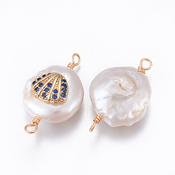 Royal Blue Natural Pearl Links connectors, with Brass Cubic Zirconia Findings, Nuggets with Shell, Golden, Royal Blue, 18~27x11~16x5~12mm, Hole: 1.6~2mm
