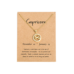 Козерог Латунные микропаве прозрачные кубические цирконии плоские круглые подвески в виде созвездий, ожерелья из нержавеющей стали, золотые, Козерог, 19.69 дюйм (50 см)