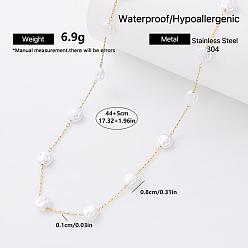Flat Round Fashion 304 Stainless Steel Imitation Pearl Beaded Chain Necklaces for Women, White, Golden, Flat Round, 17.32 inch(44cm)