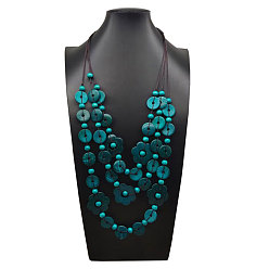 Темно-бирюзовый Бохо стиль кокосовый хлопок шнур цветок диск бисер 3 многослойные ожерелья для женщин, темные бирюзовый, 23.62 дюйм (60 см)