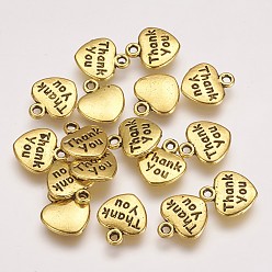 Античное Золото Подвески из сплава в тибетском стиле, сердце с словом спасибо, без свинца и без кадмия, античное золото , 12x11x2 мм, отверстие : 1.5 мм