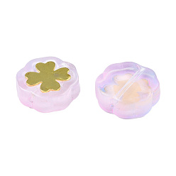 Pflaume Transparente sprühlackierte Glasperlen, mit vergoldenden Messing Zubehör, Blume, Pflaume, 12x12x4.5 mm, Bohrung: 1 mm
