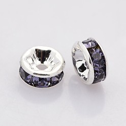 Tanzanite Brass Rhinestone Spacer Beads, Grade AAA, Straight Flange, Nickel Free, Silver Color Plated, Rondelle, Tanzanite, 6x3mm, Hole: 1mm