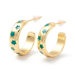 Green Golden Brass Stud Earrings for Women, Star Pattern Enamel Open Hoop Earrings, Rack Plating Half Hoop Earrings, Cadmium Free & Lead Free, Green, 6x19x2mm, Pin: 1mm, Inner Diameter: 16mm