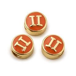 Близнецы Латунные бусины, с эмалью, плоские круглые с созвездием, реальный 18 k позолоченный, оранжевые, Близнецы, 10x5 мм, отверстие : 4.5x2.5 мм