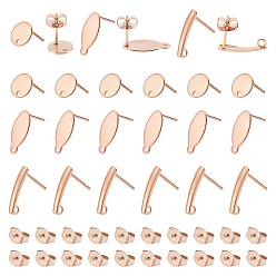 Rose Gold 48Pcs 4 Style 304 Stainless Steel Stud Earring Findings, 304 Stainless Steel Ear Nuts, Rose Gold, 8~15x3~8x0.8~1mm, Hole: 1~2mm, Pin: 0.8mm