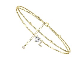 Letter L Двухслойные браслеты на ногу с подвесками в виде сердца и буквы из латуни и кристаллов горного хрусталя, золотые, Письмо L, 8-5/8 дюйм (220 мм)