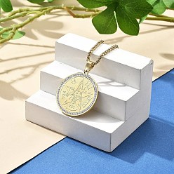 Настоящее золото 18K 201 ожерелья из нержавеющей стали со стразами для женщин, плоско-круглые, реальный 18 k позолоченный, 23.35 дюйм (59.3 см), подвеска: 37.8x34.8 мм.