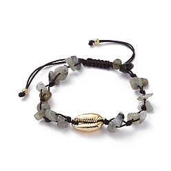 Labradorite Adjustable Chip Natural Labradorite Braided Bead Bracelets, with Electroplated Cowrie Shell Beads, Golden Plated Brass Beads and Nylon Thread, 5.4~8.8cm