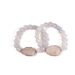 WhiteSmoke Brass Natural Agate(Dyed & Heated) Faceted Teardrop and Round Beaded Stretch Bracelets for Women, Golden, WhiteSmoke, Inner Diameter: 2.17 inch(5.5cm)