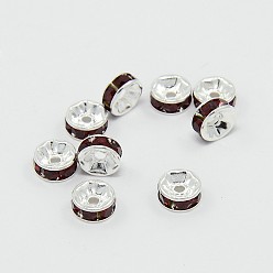 Siam Brass Grade A Rhinestone Spacer Beads, Silver Color Plated, Nickel Free, Siam, 6x3mm, Hole: 1mm