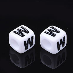Letter W Letter Acrylic Beads, Cube, White, Letter W, Size: about 7mm wide, 7mm long, 7mm high, hole: 3.5mm, about 2000pcs/500g