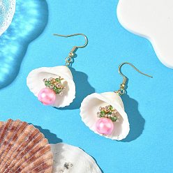 Ярко-Розовый 304 серьги-ракушки из нержавеющей стали с круглыми подвесками, со стеклянными семенами, ракушками и стеклянной жемчужиной, золотые, ярко-розовый, 50.5x27~30 мм