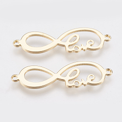 Настоящее золото 18K Латунные коннекторы, Бесконечность со словом любовь, без никеля , реальный 18 k позолоченный, 9.5x32x1 мм, отверстие : 1 мм