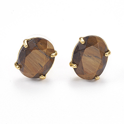 Тигровый глаз Естественно тигровый глаз серьги, с фурнитурой латунной золотого тона, граненые и овальные, 14~14.5x11 мм , штифт: 0.8 мм