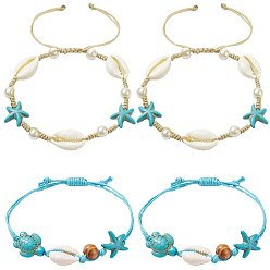 (52) Непрозрачная лаванда 4шт. 2 цвета, регулируемые, вощеные хлопковые шнуры, плетеные браслеты, с бусинками из каури, синтетические бирюзовые (крашеные) бусины, морская звезда / морские звезды и черепаха, разноцветные, 3/4 дюйм (1.8 см) ~ 2-3/4 дюйм (7 см)