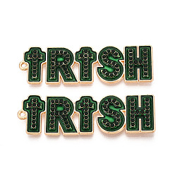 Темно-Зеленый Большие подвески из сплава эмали светло-золотого тона ко Дню Святого Патрика, слово ирландский, с блестящей пудрой и стразами, без свинца, без никеля и без кадмия, стойки покрытие, темно-зеленый, 55x17x3 мм, отверстие : 1.6 мм