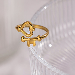 Золотой 304 открытые кольца манжеты из нержавеющей стали, сердце с ключом, золотые, размер США 7 1/4 (17.5 мм)