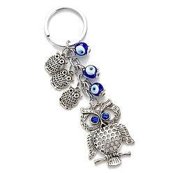 Antique Silver Metal Owl Keychains, with Evil Eye Lampwork Beads, Antique Silver, 12x3.3cm