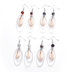 Mixed Color Brass Dangle Earrings, with Electroplate Glass Beads and Shell Beads, Mixed Color, 72~73mm, Pin: 0.6