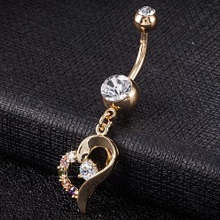 Farbig Piercing-Schmuck, Messing Zirkonia Nabel Ring, Bauchringe, mit 304 Edelstahlleiste, cadmiumfrei und bleifrei, echt 18 k vergoldet, Herz, Farbig, 43x9 mm, Stangenlänge: 3/8"(10mm), Stange: 14 Spurweite(1.6mm)
