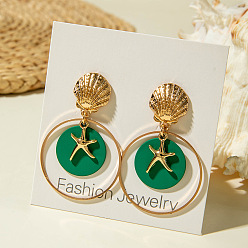 Зеленый Серьги-гвоздики с эмалевым сплавом в виде морской звезды, с акриловой, золотые, зелёные, 55x35 мм