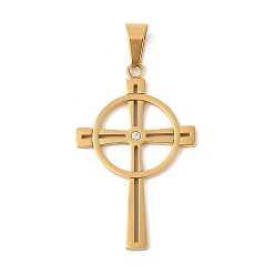 Золотой 304 кулон из нержавеющей стали со стразами., ионное покрытие (ip), крестик, золотые, 47.5x26.5x2 мм, отверстие : 9x4.5 мм