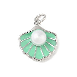 Аквамарин Латунь эмаль подвески, подвески в форме ракушки с бусинами из искусственного жемчуга и соединительными кольцами, стойки покрытие, без кадмия и без свинца, долговечный, платина, аквамарин, 16.5x14.5x6.5 мм, отверстие : 3.5 мм