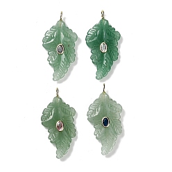 Зеленый Авантюрин Резные подвески из натурального зеленого авантюрина, Подвески в виде листьев с фурнитурой из микропаве из латуни золотистого оттенка и кубическими циркониями случайного цвета., 49x24~24.5x6~8.5 мм, отверстие : 4x2.5 мм