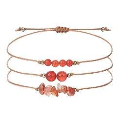 Красный Агат Регулируемые натуральные сердолики плетеные браслеты из бисера, с латунной бисера, 5-7/8~11-3/4 дюйм (15~30 см), 3 шт / комплект