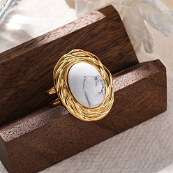 Говлит Овальные перстни из натурального говлита, 304 из нержавеющей стали Манжета кольца для женщин, золотые, овальный : 22x17.5 mm, регулируемый