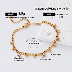Flat Round 304 Stainless Steel Pave Clear Cubic Zirconia Charm Bracelets for Women, Golden, Flat Round, 6.69 inch(17cm)