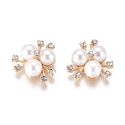 White Alloy Cabochons, with Crystal Rhinestone & Acrylic Imitation Pearl, Flower, Light Gold, White, 19~20x21~22x10mm
