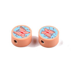 Dark Salmon Handmade Polymer Clay Beads, Flat Round with Butterfly, Dark Salmon, 9~9.5x4.5~5mm, Hole: 1.5~1.8mm
