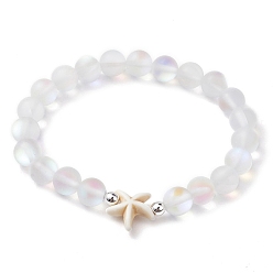 Starfish Beach Starfish Dyed Synthetic Turquoise Bead Bracelets, 8mm Round Synthetic Moonstone Beaded Stretch Bracelets for Women Men, Beige, Inner Diameter: 2-1/8 inch(5.5cm), 8mm