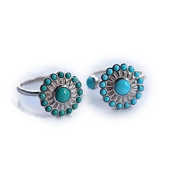 Цветок Регулируемые кольца-манжеты из искусственной бирюзы с 925 стерлинговым серебром, платина, цветок, 15 мм