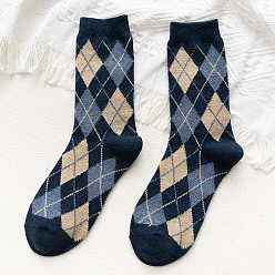 Prussian Blue Wool Knitting Socks, Rhombus Pattern Crew Socks, Winter Warm Thermal Socks, Prussian Blue, 10mm