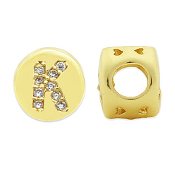 Letter K Brass Micro Pave Clear Cubic Zirconia Beads, Flat Round with Letter, Letter.K, 7.5x6.5mm, Hole: 3.5mm, 3pcs/bag